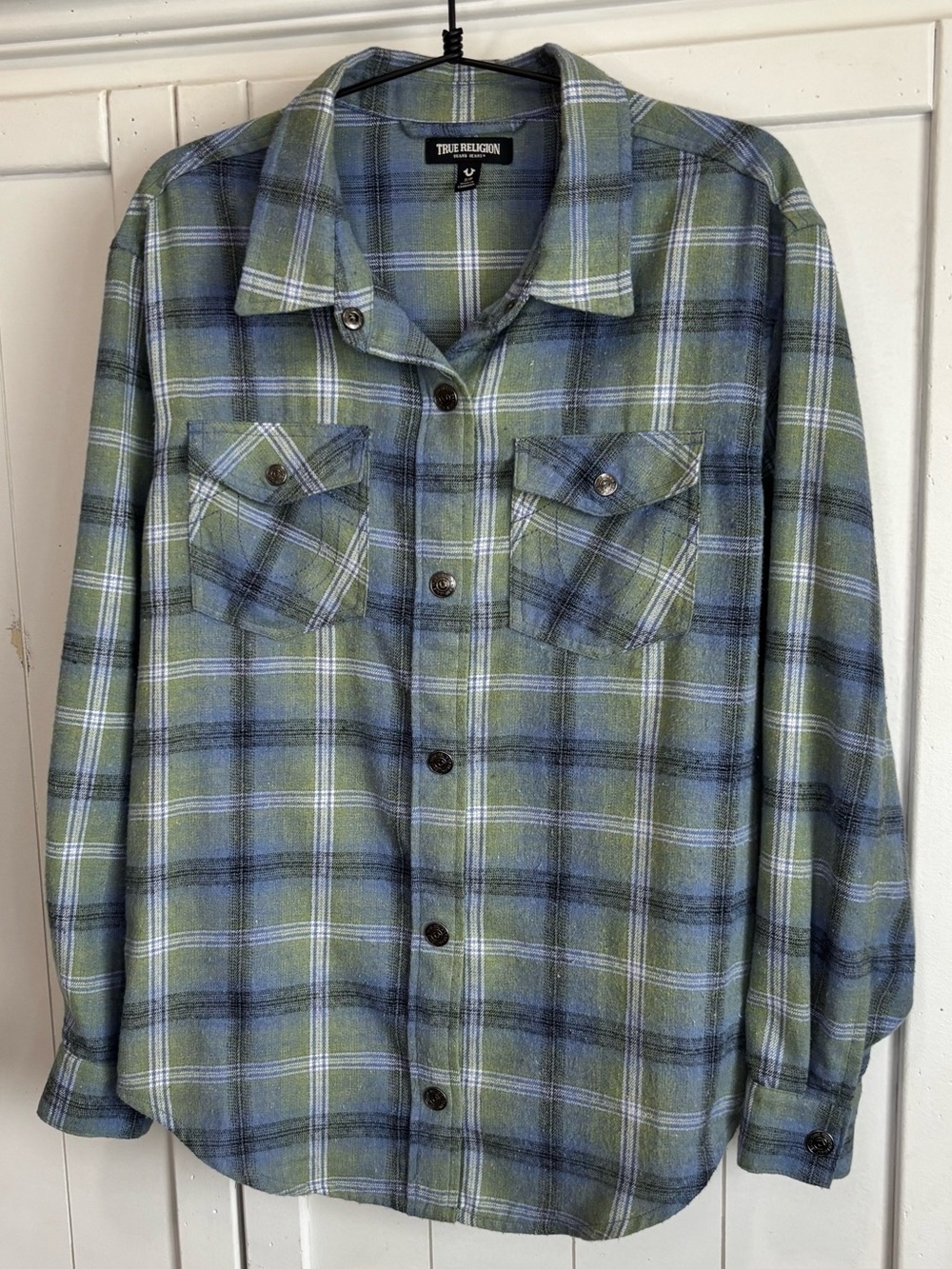 True Religion Plaid Flannel Shirt Horseshoe Logo Rhinestone Back Small - Picture 3 of 14